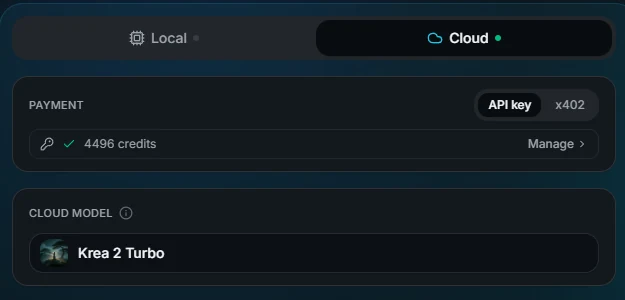 The Local and Cloud switch, with an API key balance and Krea 2 Turbo selected