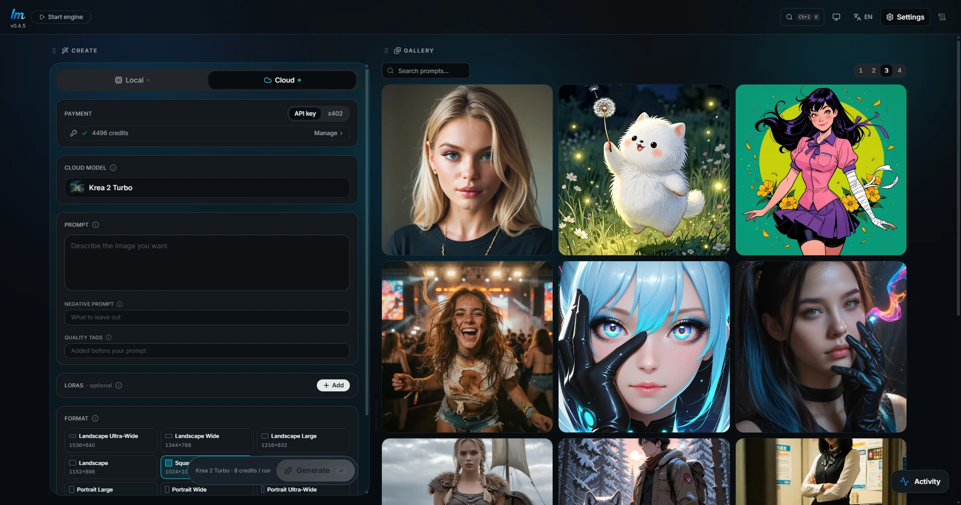 Imference Desktop with Krea 2 Turbo selected and a gallery of generated images
