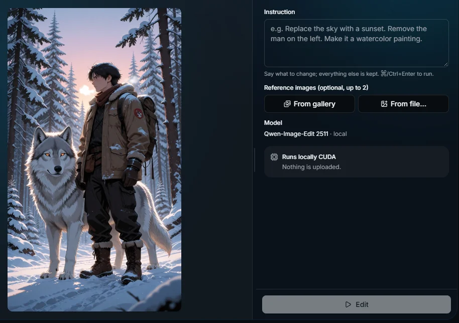The Edit with instructions panel: an image of a hiker and a wolf, an instruction box and the Qwen-Image-Edit model running locally