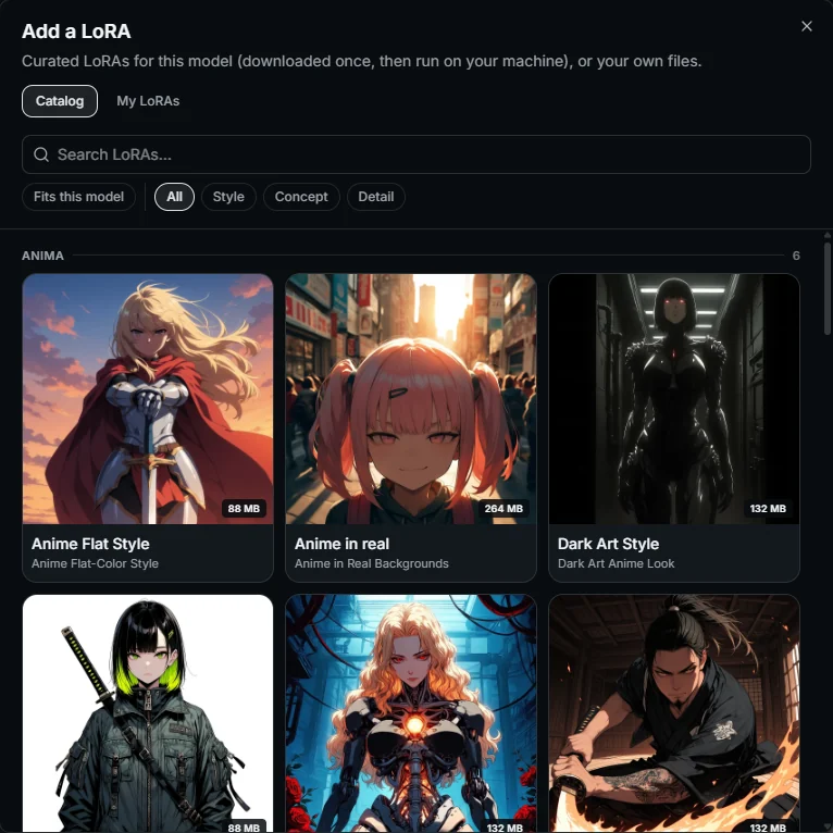 The LoRA picker with anime and dark art styles