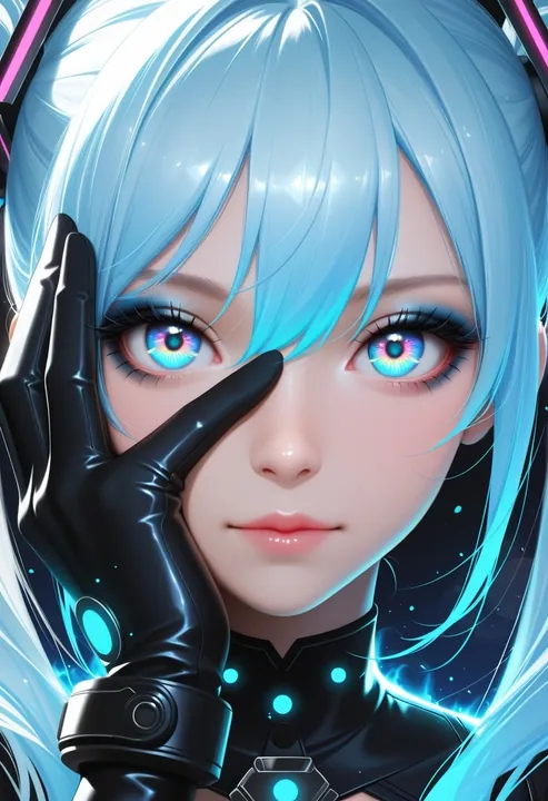 Close-up anime portrait with glowing blue eyes