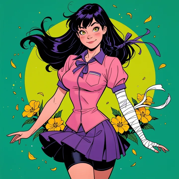 A comic-style girl with flowers on a green background