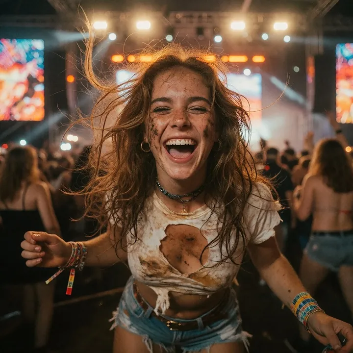 A laughing woman at a night festival, photoreal