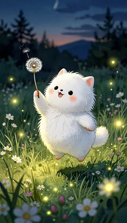 A fluffy white creature holding a dandelion in a meadow
