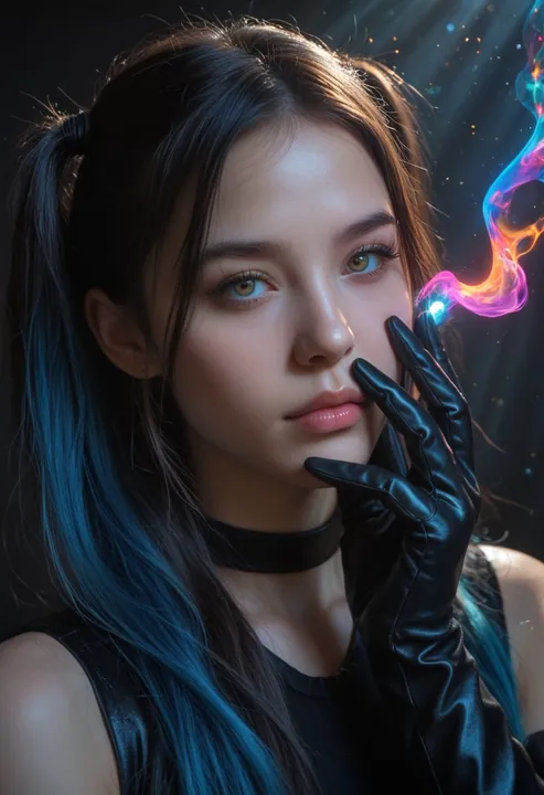 A woman in black gloves with colored smoke