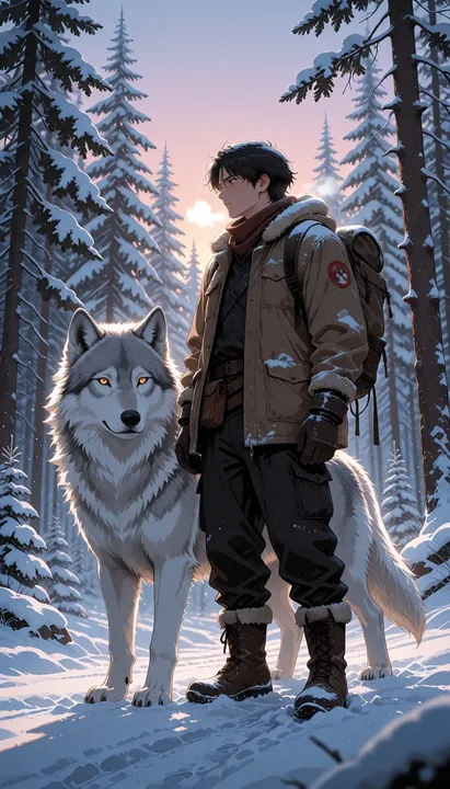 A hiker and a white wolf in a snowy forest, anime style