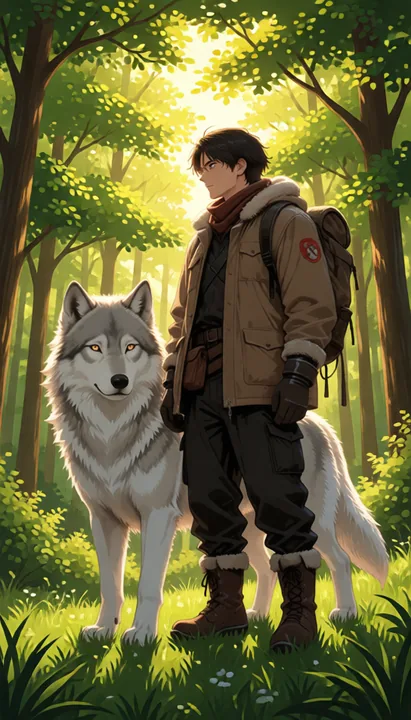 The same hiker and wolf in a green summer forest