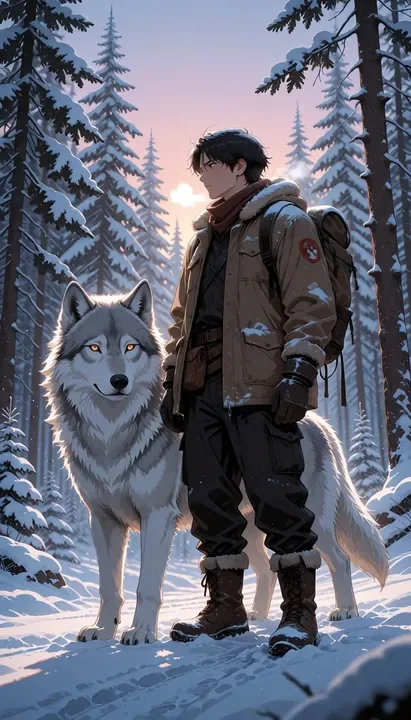A hiker and a white wolf in a snowy forest