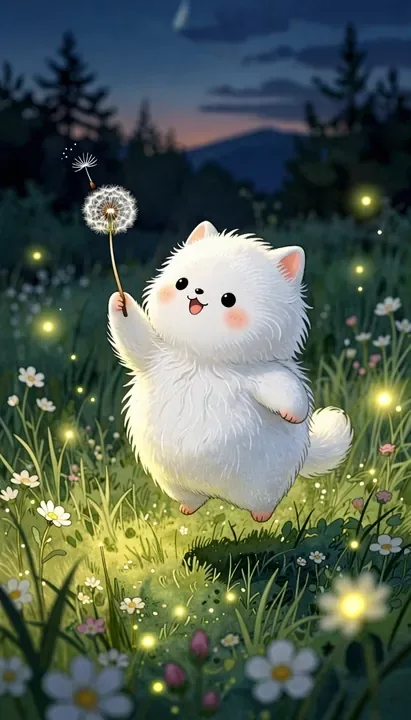 A fluffy white creature holding a dandelion in a meadow at dusk